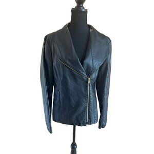 Marc New York Womens Brown Faux Leather Jacket Size L Gold Zipper City Glam